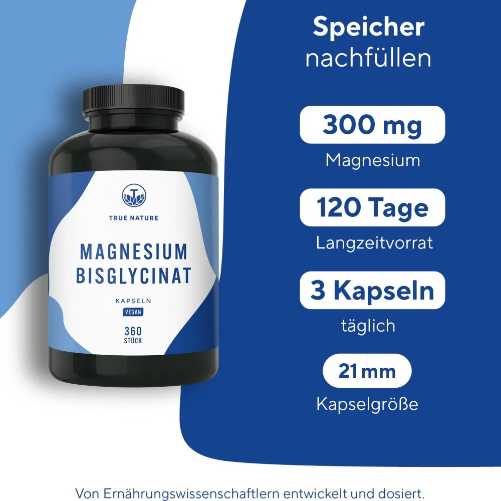 ® Magnesium Bisglycinat (Magnesium Glycinat) - 360 Kapseln = 4 Monate - Testsieger|TRUE NATURE