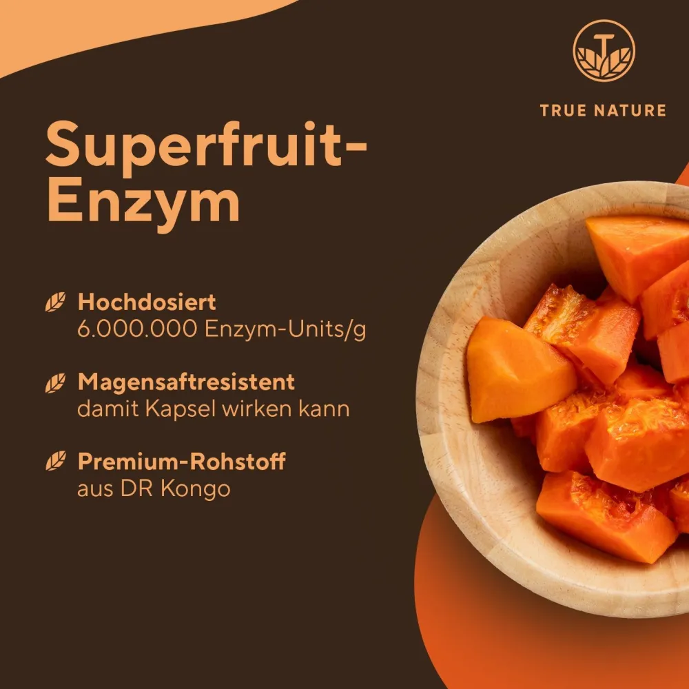 ® Papaya Enzym Kapseln (Papain Kapseln) - 2100mg Papain Extrakt - Vegan & Made in Germany>TRUE NATURE New