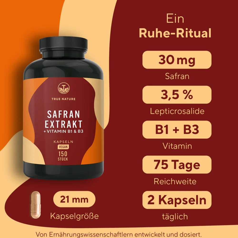 ® Safran Extrakt Kapseln - Markenrohstoff Affron® mit Vitamin B1 & B3|TRUE NATURE Discount