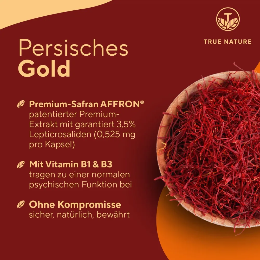 ® Safran Extrakt Kapseln - Markenrohstoff Affron® mit Vitamin B1 & B3|TRUE NATURE Discount