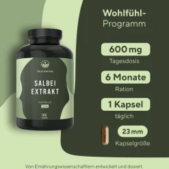 ® Salbei Extrakt Kapseln - 10:1-Extrakt mit ätherischen Ölen|TRUE NATURE Hot