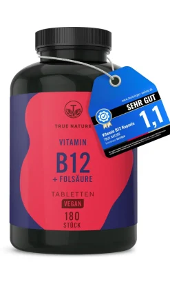 ® Vitamin B12 hochdosiert 1000µg + Folsäure (Quatrefolic®) Testsieger - 6 Monate Vorrat|TRUE NATURE New
