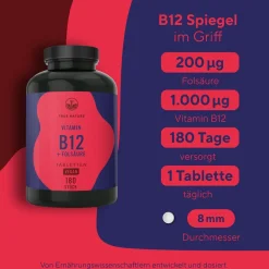 ® Vitamin B12 hochdosiert 1000µg + Folsäure (Quatrefolic®) Testsieger - 6 Monate Vorrat|TRUE NATURE New