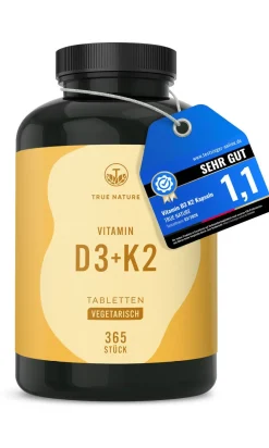 ® Vitamin D3 K2 hochdosiert - 2500 IE Vitamin D3 - 365 Tabletten (1 Jahr) - Testsieger|TRUE NATURE Hot