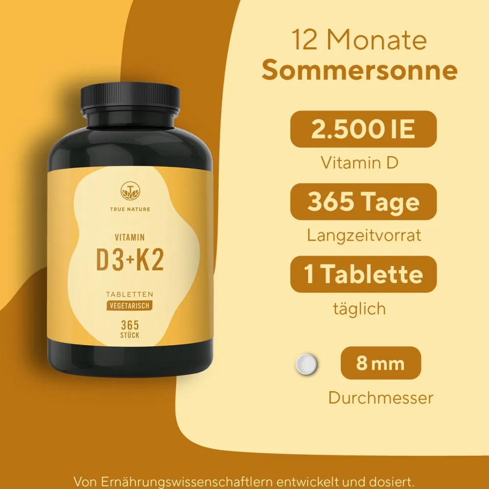 ® Vitamin D3 K2 hochdosiert - 2500 IE Vitamin D3 - 365 Tabletten (1 Jahr) - Testsieger|TRUE NATURE Hot