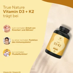 ® Vitamin D3 K2 hochdosiert - 2500 IE Vitamin D3 - 365 Tabletten (1 Jahr) - Testsieger|TRUE NATURE Hot