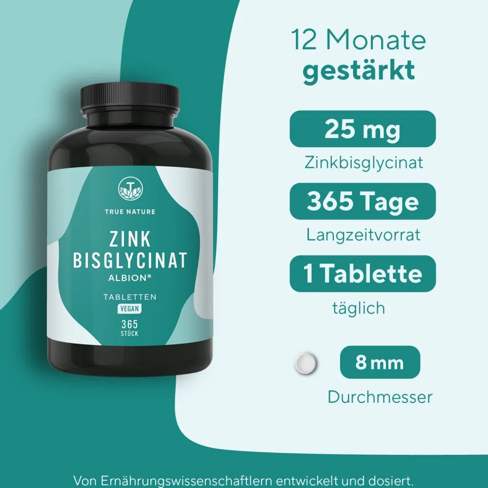 ® Zink Bisglycinat Tabletten Testsieger (Premium Markenrohstoff Albion®), 1 Jahr Vorrat>TRUE NATURE Best
