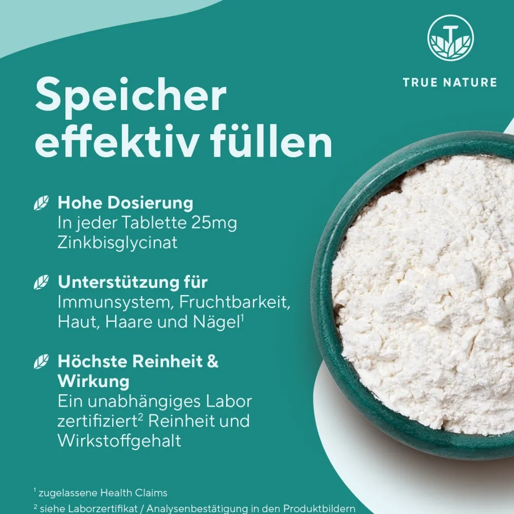 ® Zink Bisglycinat Tabletten Testsieger (Premium Markenrohstoff Albion®), 1 Jahr Vorrat>TRUE NATURE Best