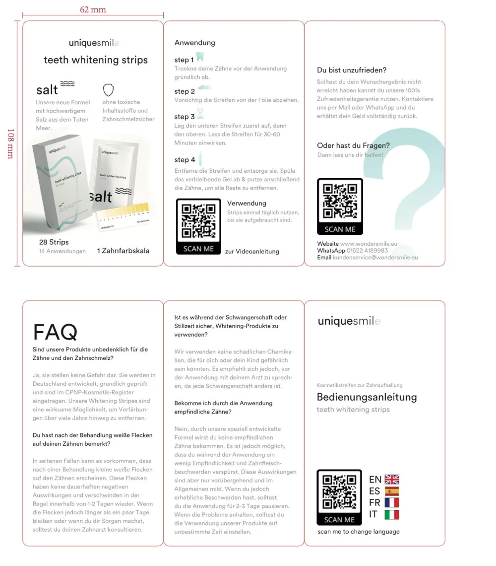Uniquesmile Zahnaufhellung Whitening Strips - frei von Peroxid| Clearance