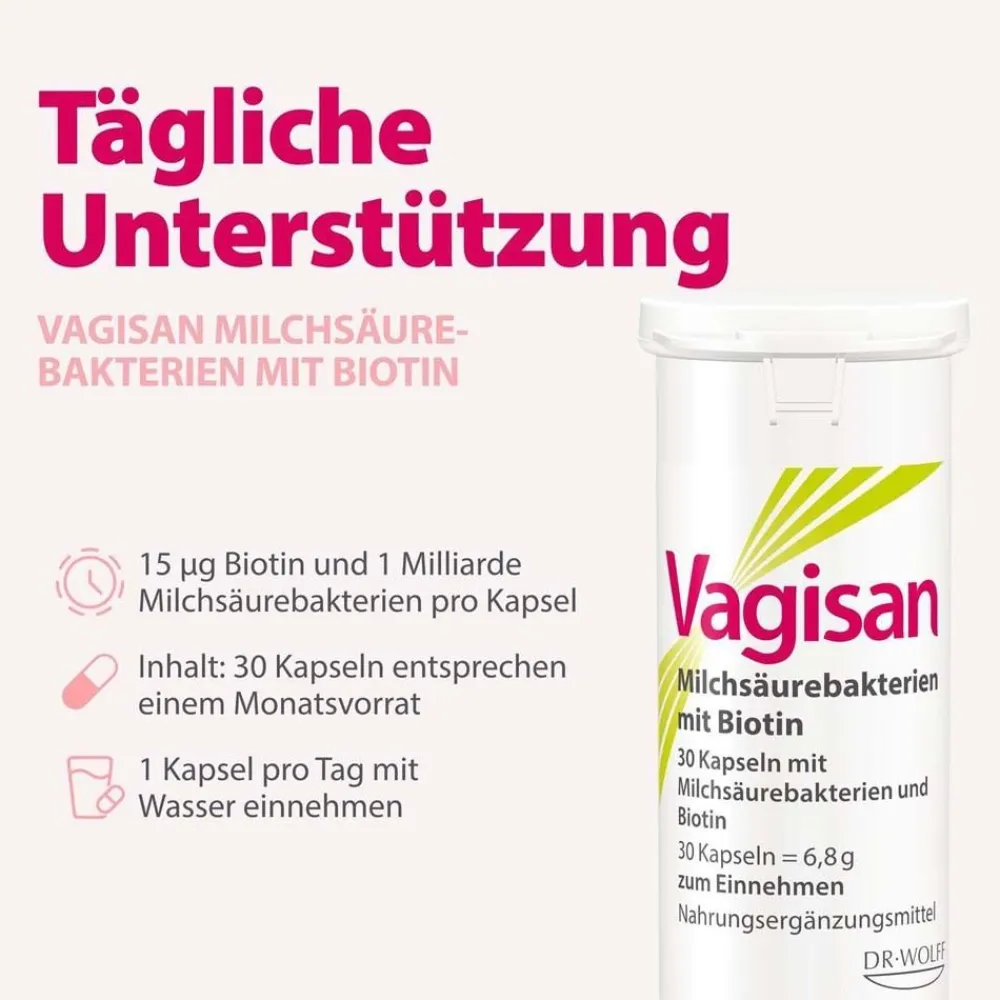 Milchsäurebakterien mit Biotin: Kapseln zur Unterstützung einer gesunden Vaginalschleimhaut>Vagisan Discount