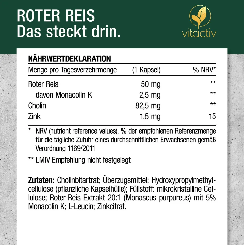 Vitactiv - ROTER REIS (Monacolin K) + Cholin + Zink> Sale