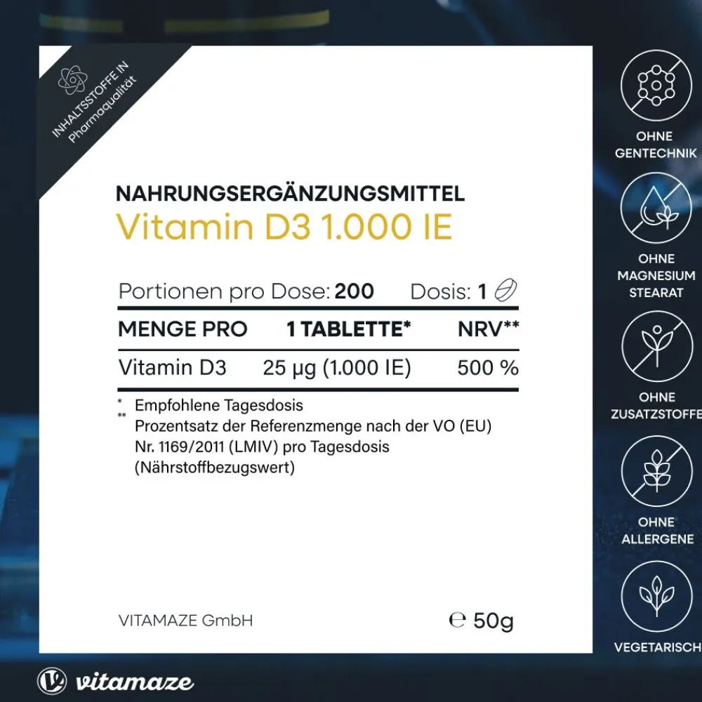 Vitamin D3 1.000 I.E. hochdosiert|vitamaze Clearance