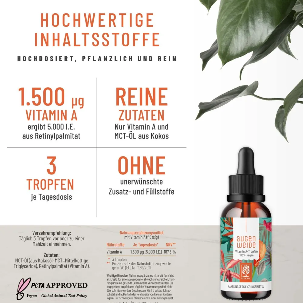 Vitamin A 1700 Tropfen Augenvitamine hochdosiert Vegan Retinol 50 ml Augenweide ®>NATURTREU Sale