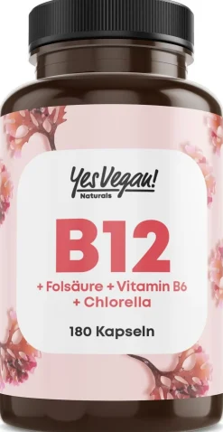 Vitamin B12 hochdosiert – B12 Komplex mit B6, Folsäure und Chlorella (180 Kapseln)|YesVegan Best