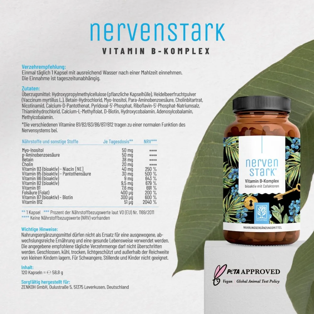 Vitamin B Komplex 8 B-Vitamine 3 Cofaktoren 120 vegane Kapseln Nervenstark ®|NATURTREU Discount