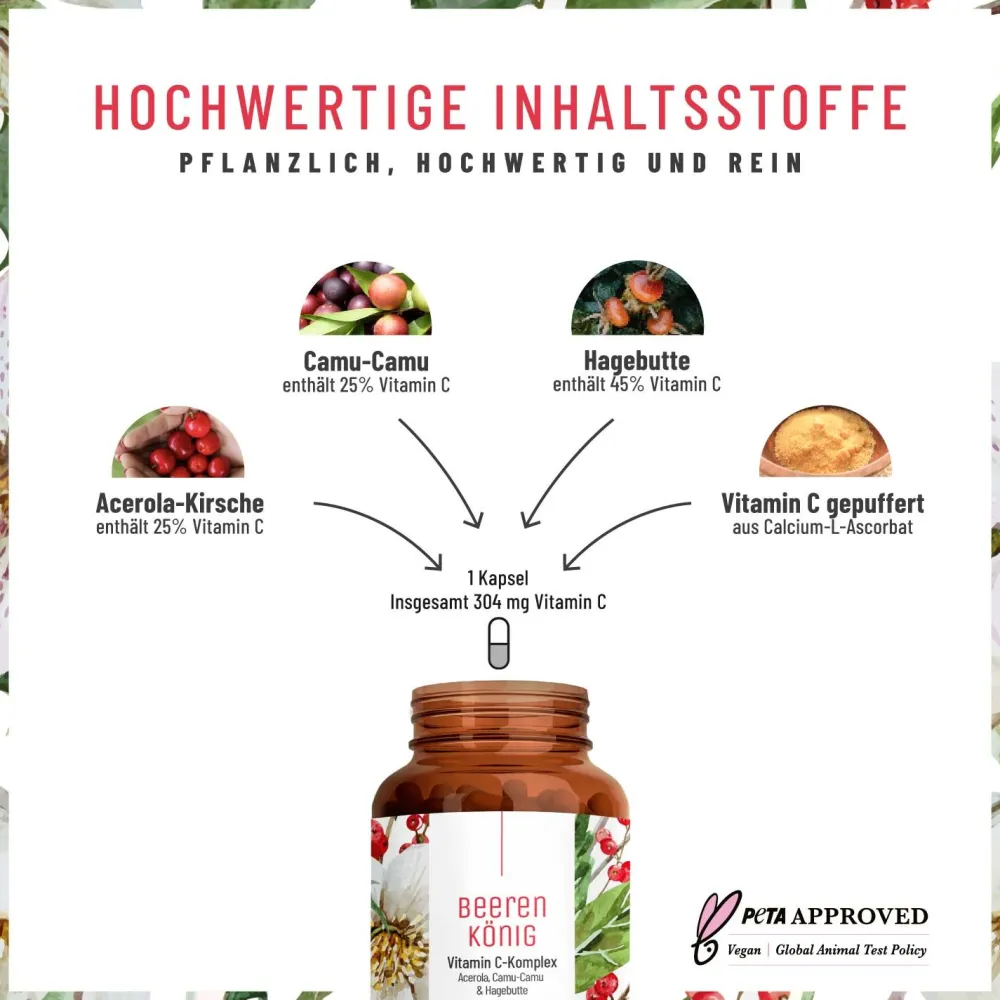 Vitamin C Komplex hochdosiert Acerola Hagebutte Camu Camu 180 vegane Kapseln Beerenkönig NATURTREU®> Outlet