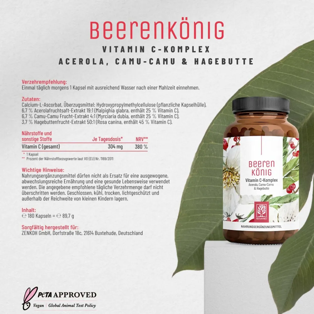 Vitamin C Komplex hochdosiert Acerola Hagebutte Camu Camu 180 vegane Kapseln Beerenkönig NATURTREU®> Outlet