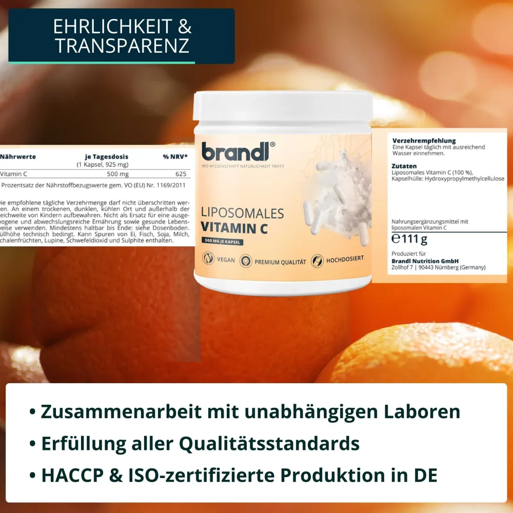 Vitamin C 500 mg pro Kapsel – liposomal, hochdosiert & rein | ® Made in Germany | 120 Stk.>brandl Sale