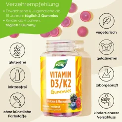 Vitamin D3/K2 Gummibärchen für Erwachsene & Kinder I 25 µg Vitamin D3 I 25 µg Vitamin K2 I Wild B...|Nature's way Clearance