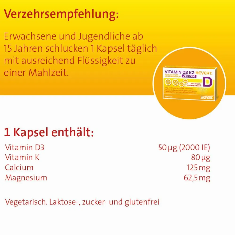 Vitamin D3 K2 Hevert plus Calcium und Magnesium 2000 IE| Sale