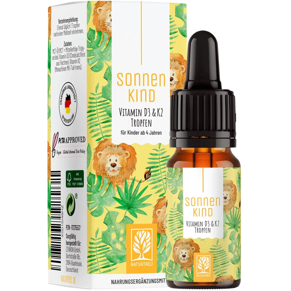 Vitamin D3 K2 Kinder ab 4 Jahren 300 Tropfen 10 ml Vegan Flechten Sonnenkind ®>NATURTREU Clearance