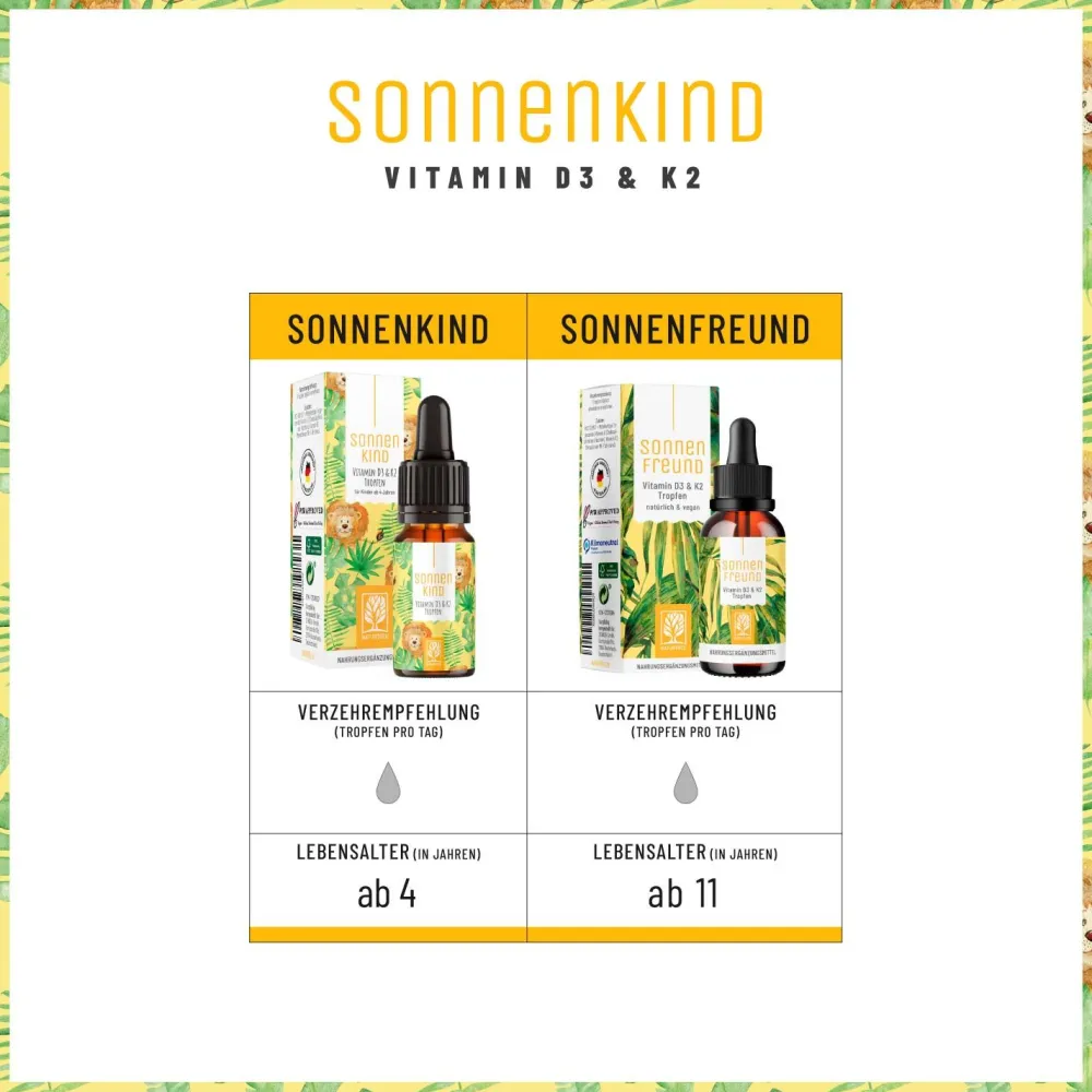Vitamin D3 K2 Kinder ab 4 Jahren 300 Tropfen 10 ml Vegan Flechten Sonnenkind ®>NATURTREU Clearance