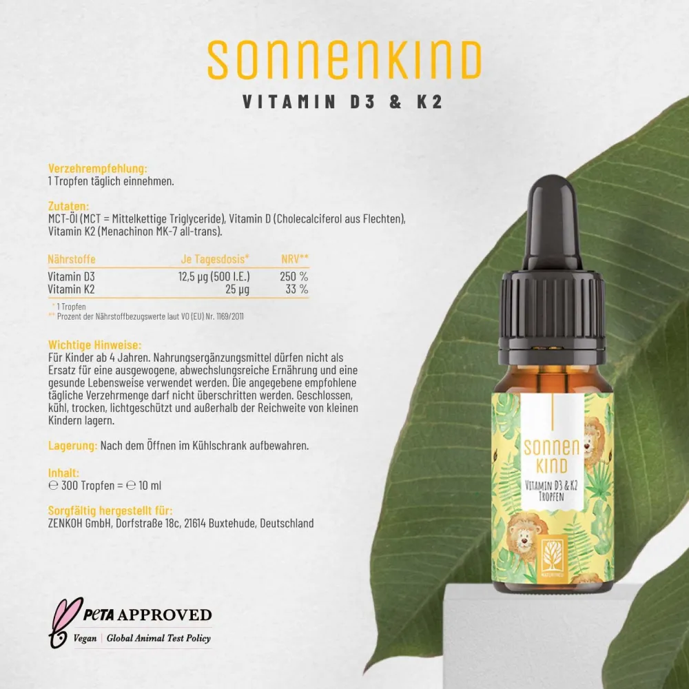 Vitamin D3 K2 Kinder ab 4 Jahren 300 Tropfen 10 ml Vegan Flechten Sonnenkind ®>NATURTREU Clearance