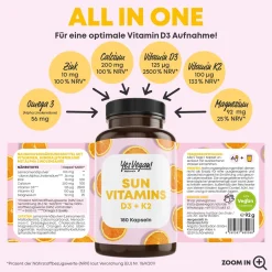 Vitamin D3 K2 Omega 3 + Calcium Magnesium und Zink - 180 Kapseln 5000 IE - Vitamin d hochdosiert>YesVegan Outlet