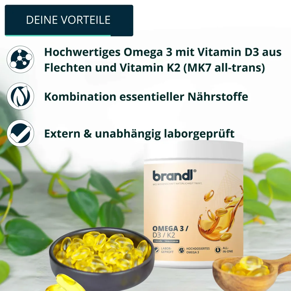 Vitamin D3 K2 & Omega 3 Premium | Made in Germany | Fischöl aus der EU | 120 Kapseln|brandl Outlet