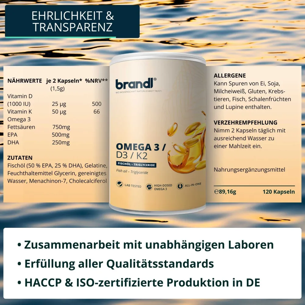 Vitamin D3 K2 & Omega 3 Premium | Made in Germany | Fischöl aus der EU | 120 Kapseln|brandl Outlet