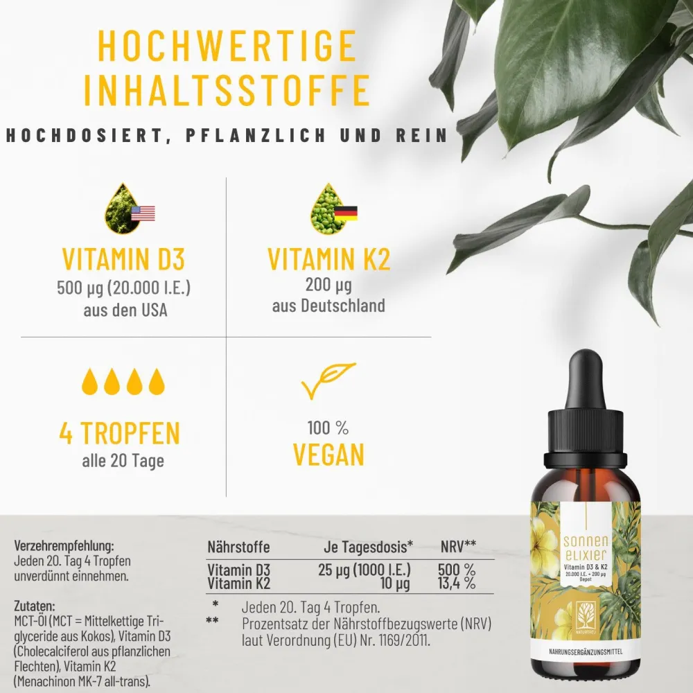 Vitamin D3 K2 vegane Tropfen 20.000 I.E. hochdosiert MK7 30 ml Sonnenelixier ®>NATURTREU Online