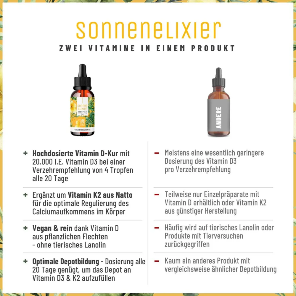 Vitamin D3 K2 vegane Tropfen 20.000 I.E. hochdosiert MK7 30 ml Sonnenelixier ®>NATURTREU Online