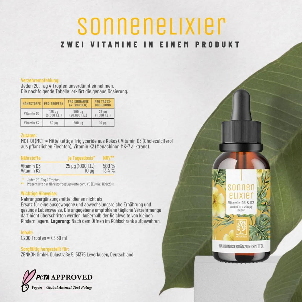 Vitamin D3 K2 vegane Tropfen 20.000 I.E. hochdosiert MK7 30 ml Sonnenelixier ®>NATURTREU Online