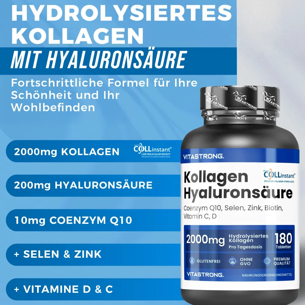 Vitastrong Kollagen Hyaluronsäure - 180 Kapseln, 2000 mg COLLinstant Kollagen| Online