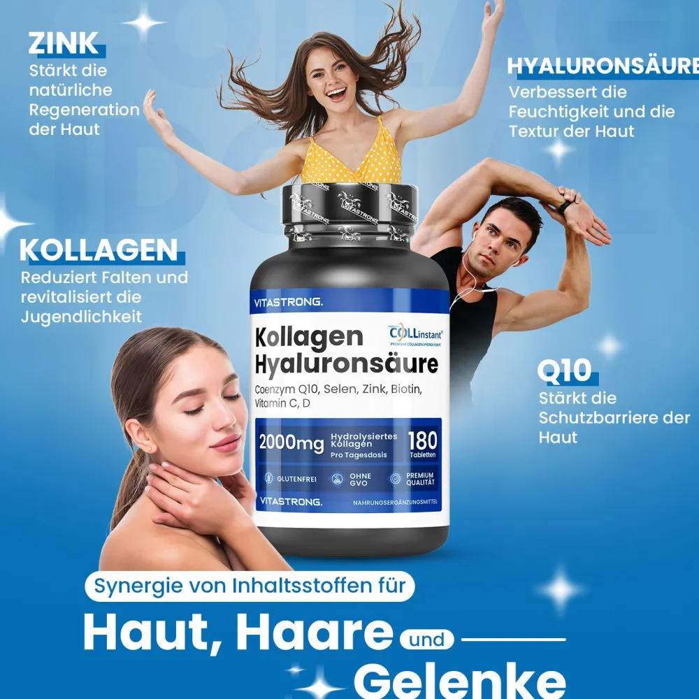 Vitastrong Kollagen Hyaluronsäure - 180 Kapseln, 2000 mg COLLinstant Kollagen| Online