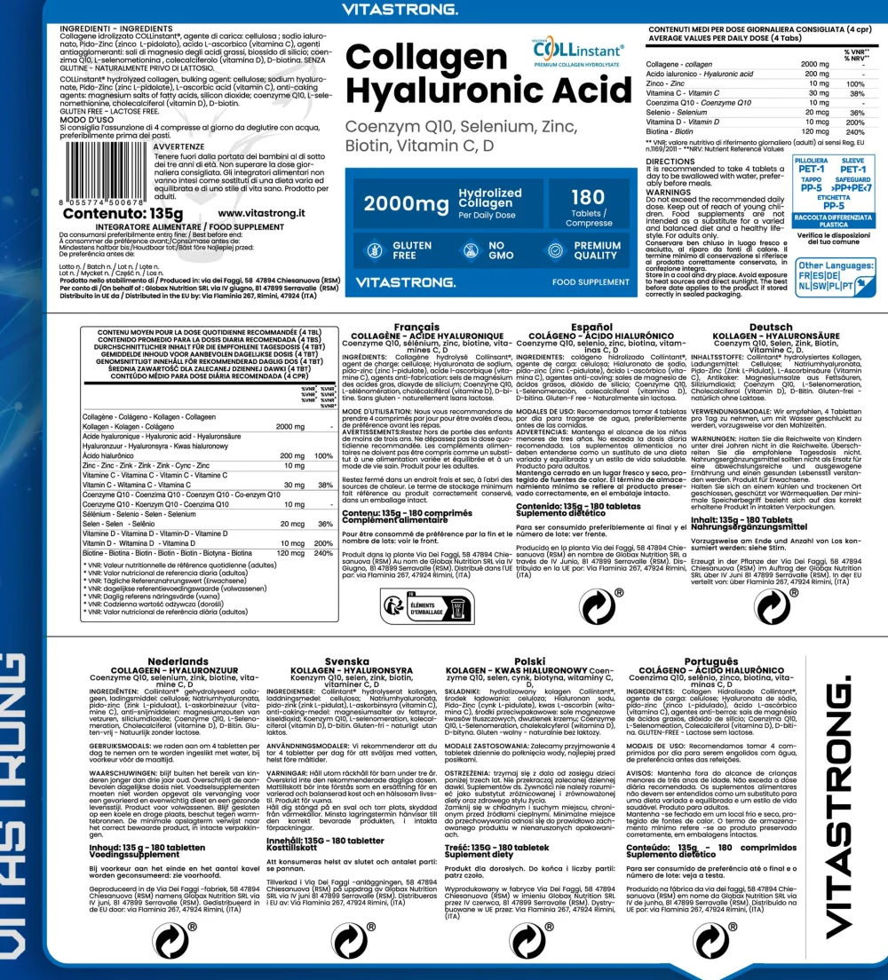 Vitastrong Kollagen Hyaluronsäure - 180 Kapseln, 2000 mg COLLinstant Kollagen| Online