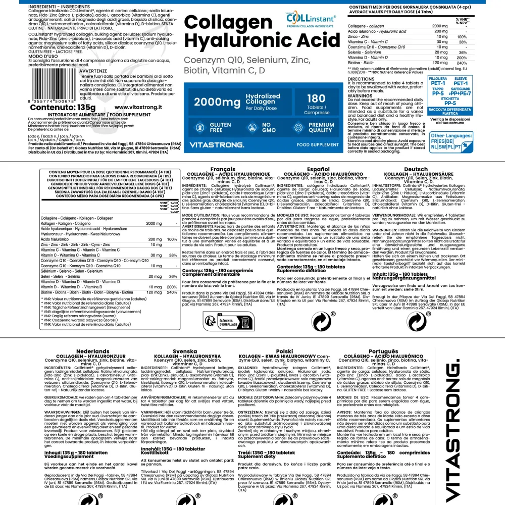 Vitastrong Kollagen Hyaluronsäure - 180 Kapseln, 2000 mg COLLinstant Kollagen| Online