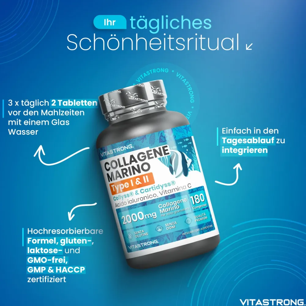 Vitastrong Marin Kollagen, Typ 1&2 Collyss® & Cartidyss® - 180 Tabletten| Outlet