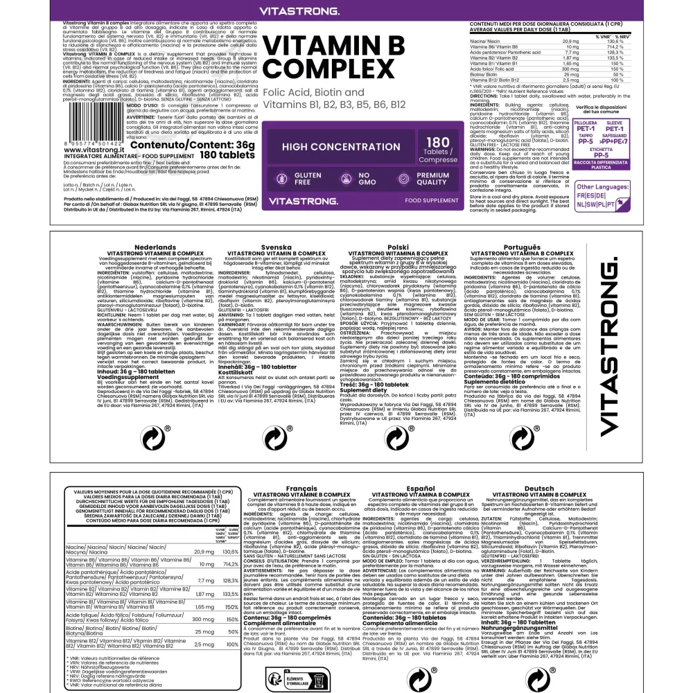 Vitastrong Vitamin B Komplex - 180 Tabletten, Hochdosiert| Online