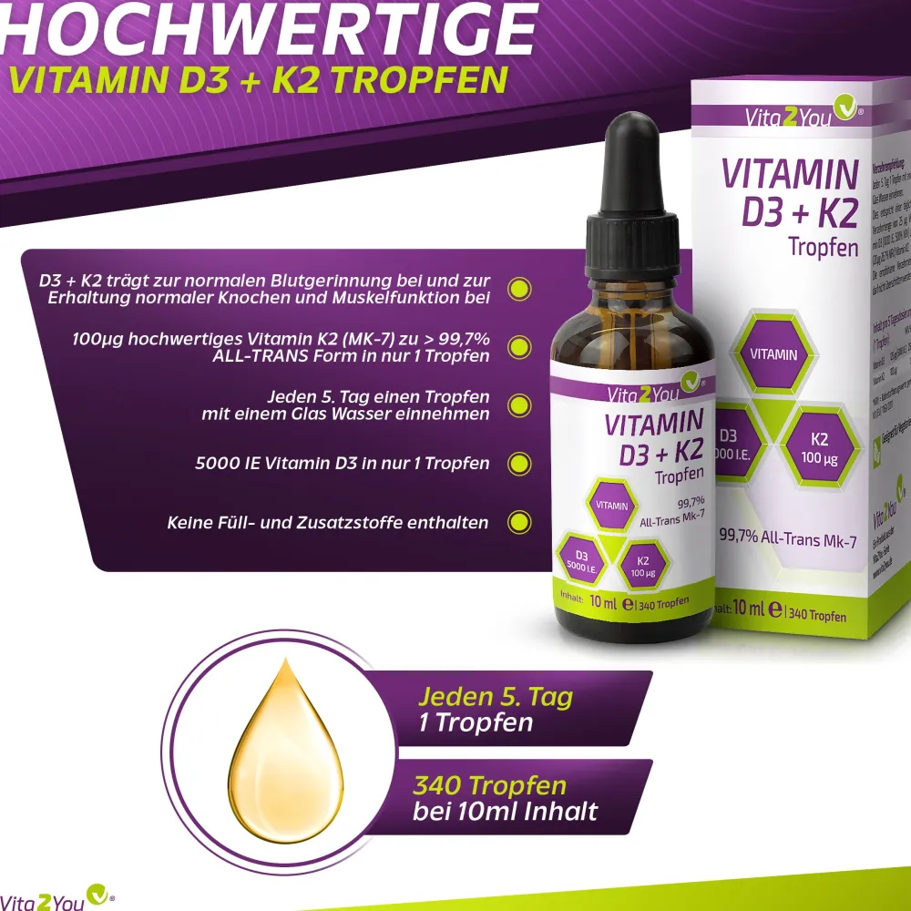Vitamin D3 + K2 Tropfen 5000IE - 100µg Vitamin K2|Vita2You Best