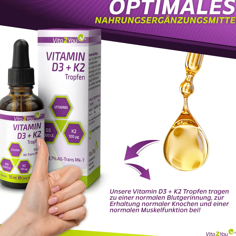 Vitamin D3 + K2 Tropfen 5000IE - 100µg Vitamin K2|Vita2You Best