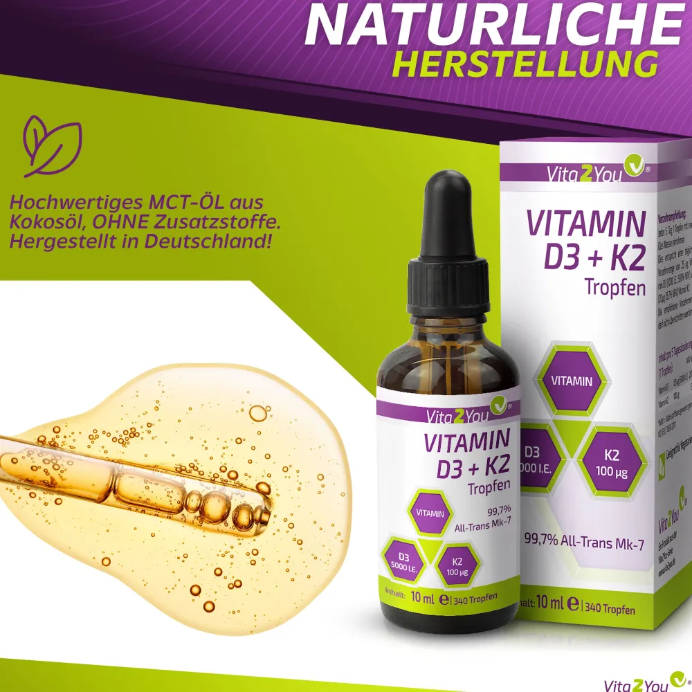 Vitamin D3 + K2 Tropfen 5000IE - 100µg Vitamin K2|Vita2You Best