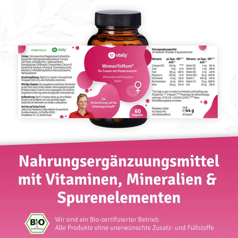 vitelly WomanToMum® Kinderwunsch Vitamine für einen Monat> Hot