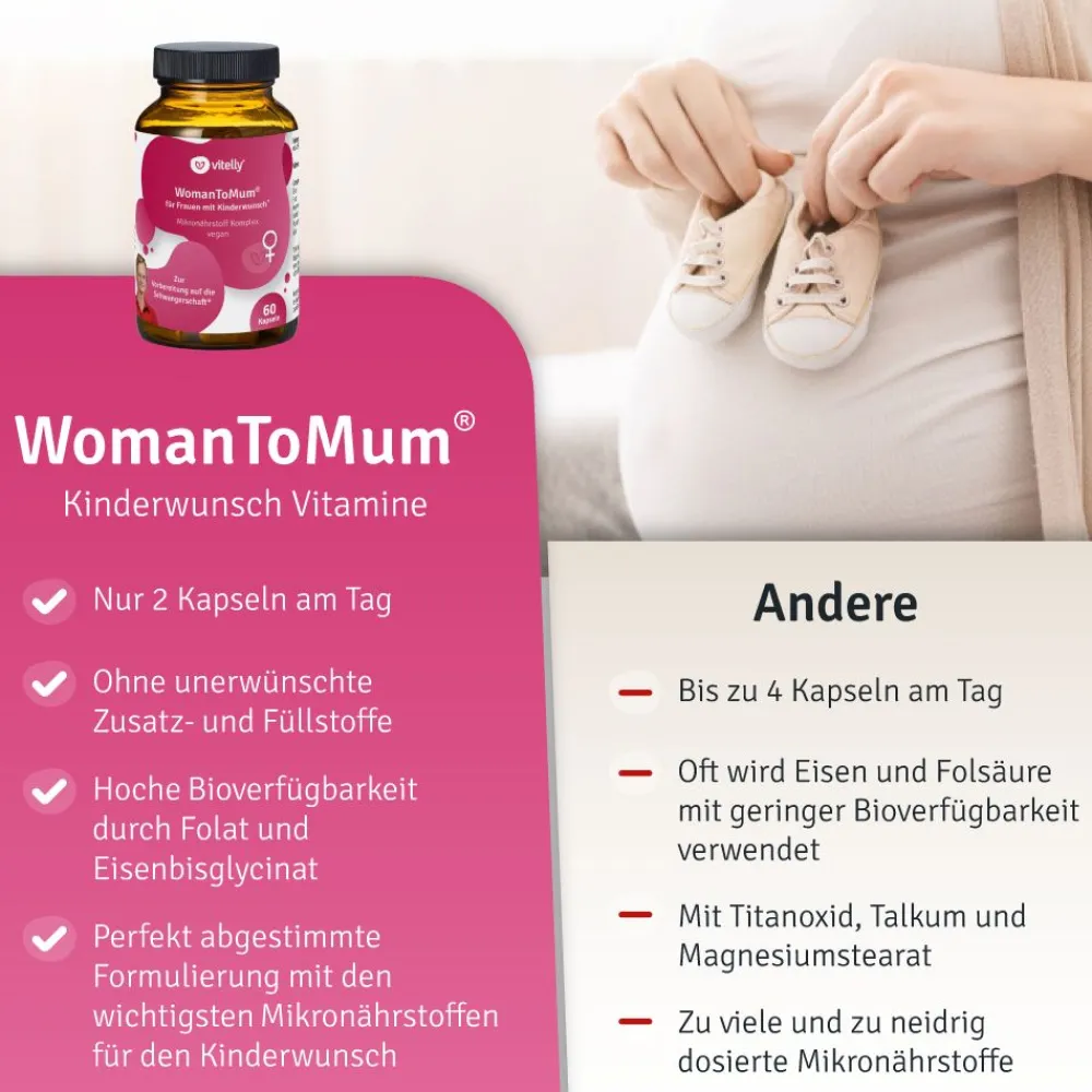 vitelly WomanToMum® Kinderwunsch Vitamine für einen Monat> Hot