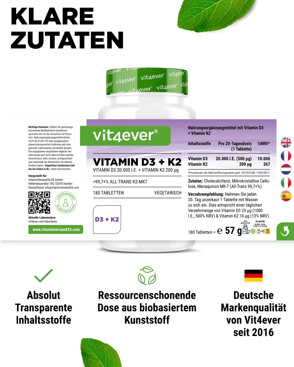 Vitamin D3 20.000 I.E. + Vitamin K2 200 mcg>vit4ever Best