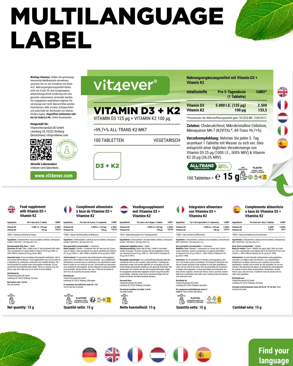 Vitamin D3 5.000 I.E. + Vitamin K2 100 mcg|vit4ever Online