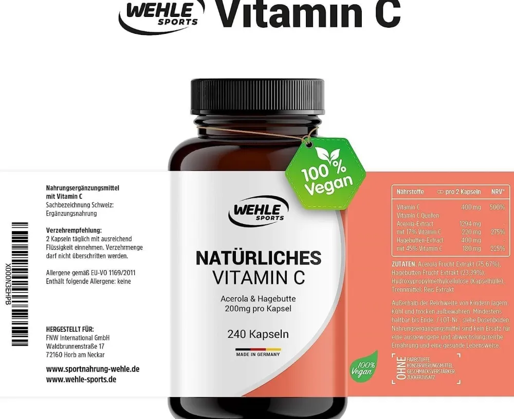 Vitamin C Acerola-Extrakt & Hagebutten-Extrakt Kapseln|WEHLE SPORTS