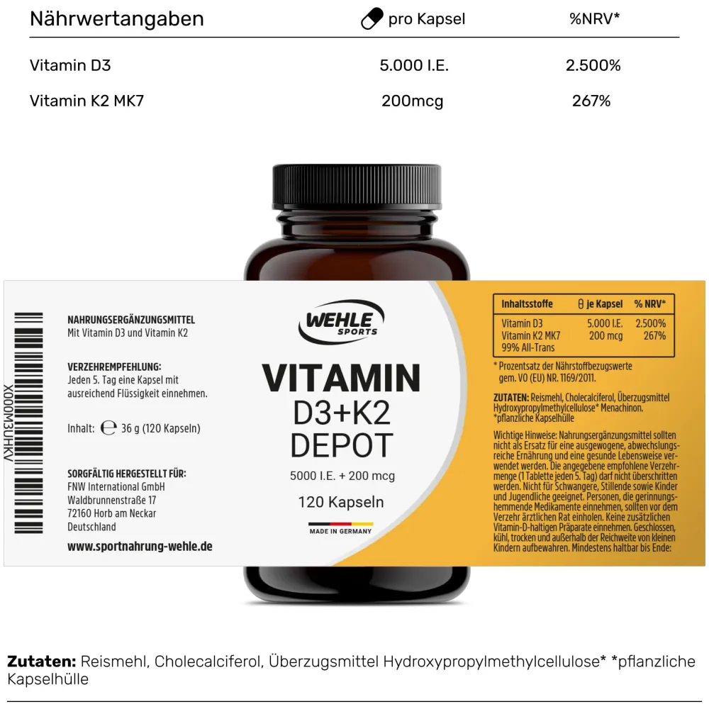® Vitamin D3 K2 Kapseln - 5000 IE D3 & 200µg K2>WEHLE SPORTS Outlet