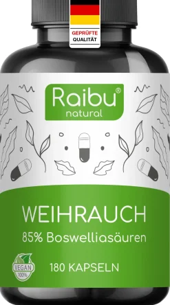Weihrauch Kapseln Hochdosiert, 85% Boswelliasäuren, Deutschen Qualitätsstandards, 180 St ->Raibu