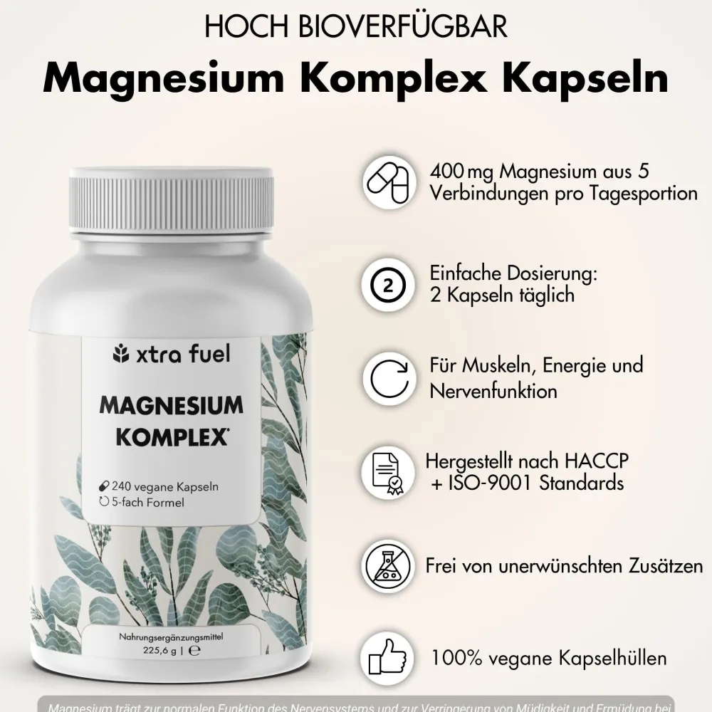 XTRA FUEL Magnesium Komplex - 5‑in-1 Magnesium Matrix mit Bisglycinat & L-ascorbat| Best